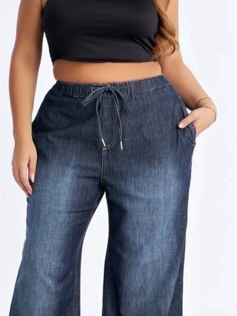 Drawstring Waist Lightweight Wide-Leg Jean Jeans in Blue